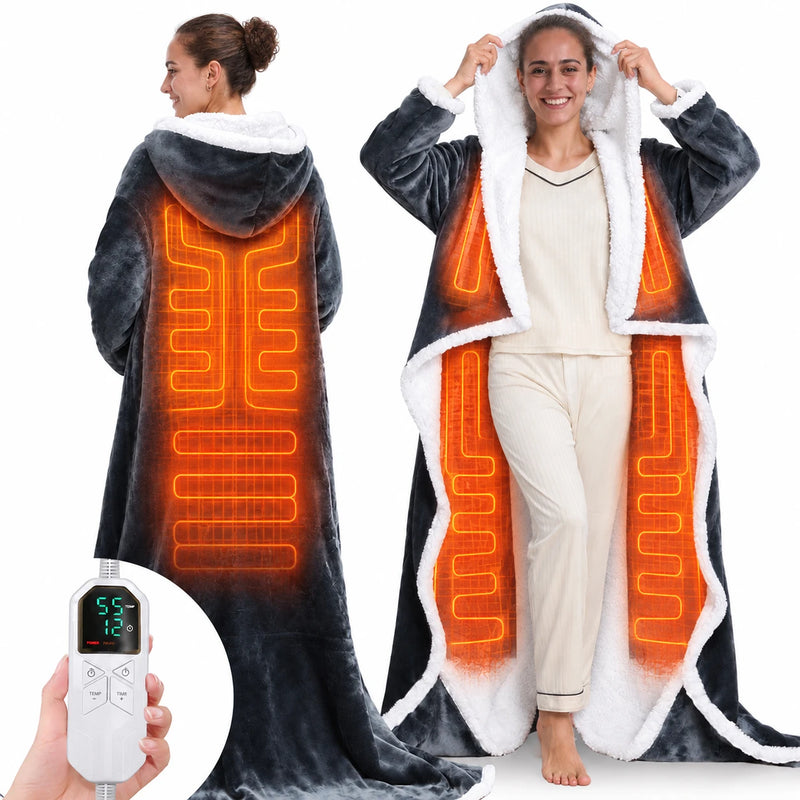 JA·GAA·GA heated wearable blanket robe, back and front views with the heating panels glowing, and the LED controller